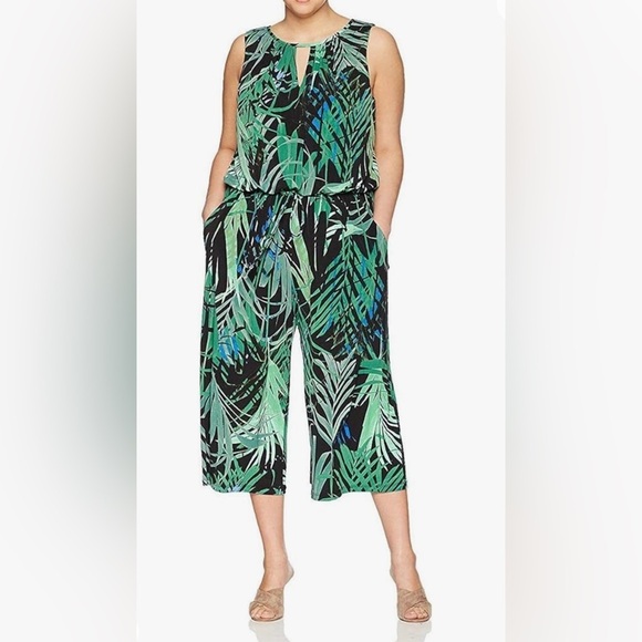London Times Cropped Green Palm Tropical Halter Wide Leg Jumpsuit, Size 14 - Picture 2 of 9